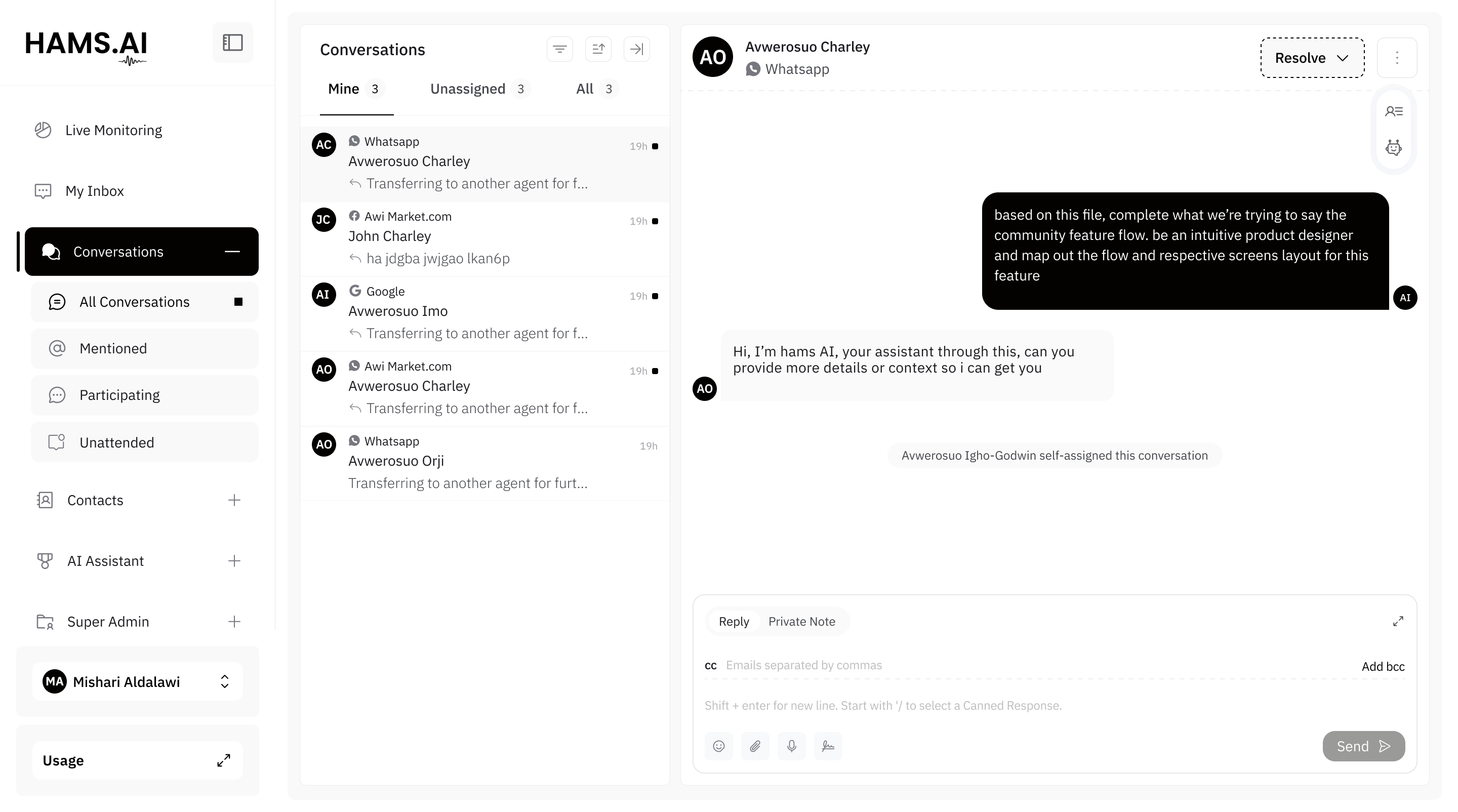 HAMS.AI live monitoring dashboard