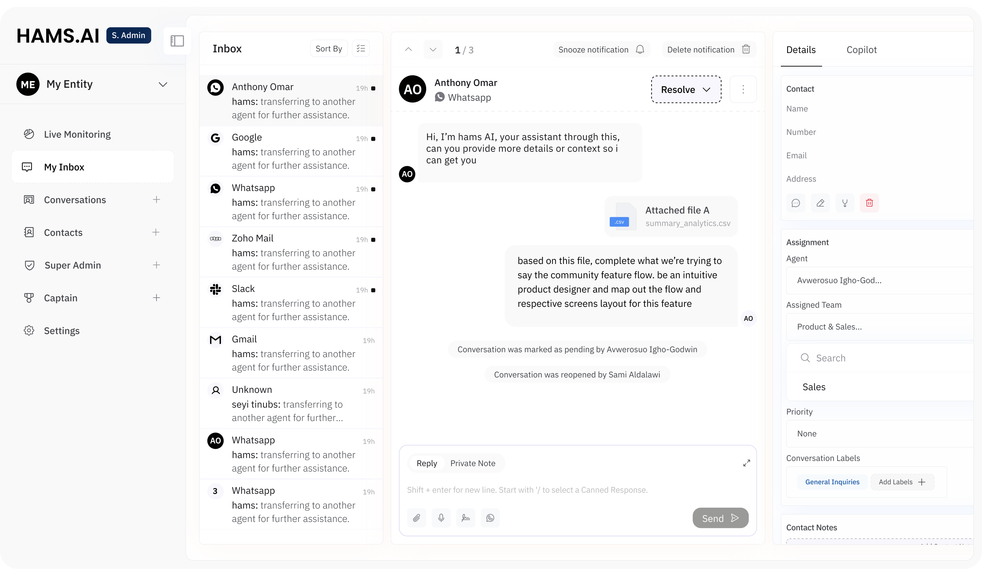 HAMS.AI live monitoring dashboard
