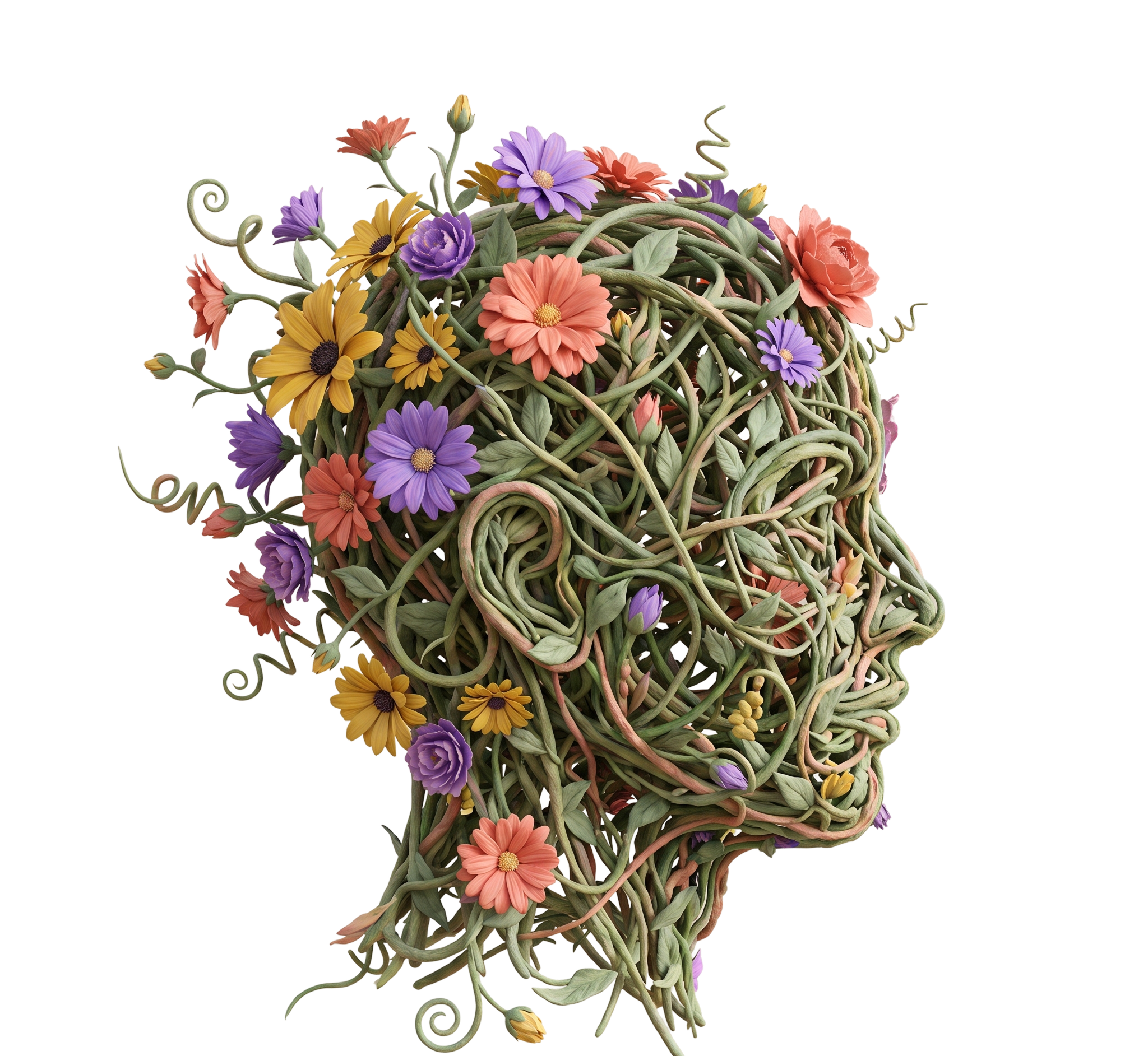 A woven sculpture of a head with flowers